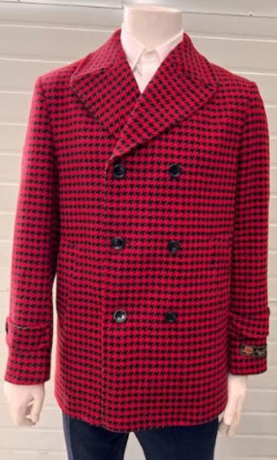Men's Plaid Pattern Peak Lapel Peacoat Red