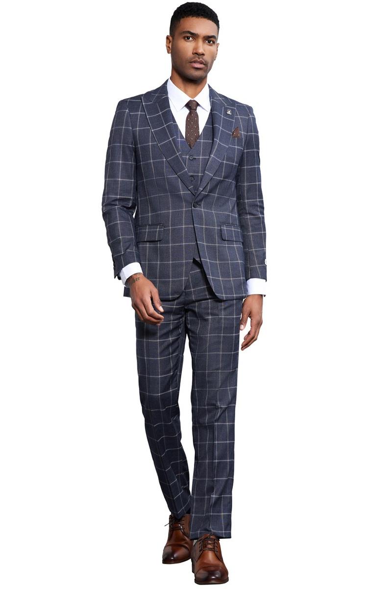 Stacy Adams Charcoal Windowpane Vested Suit
