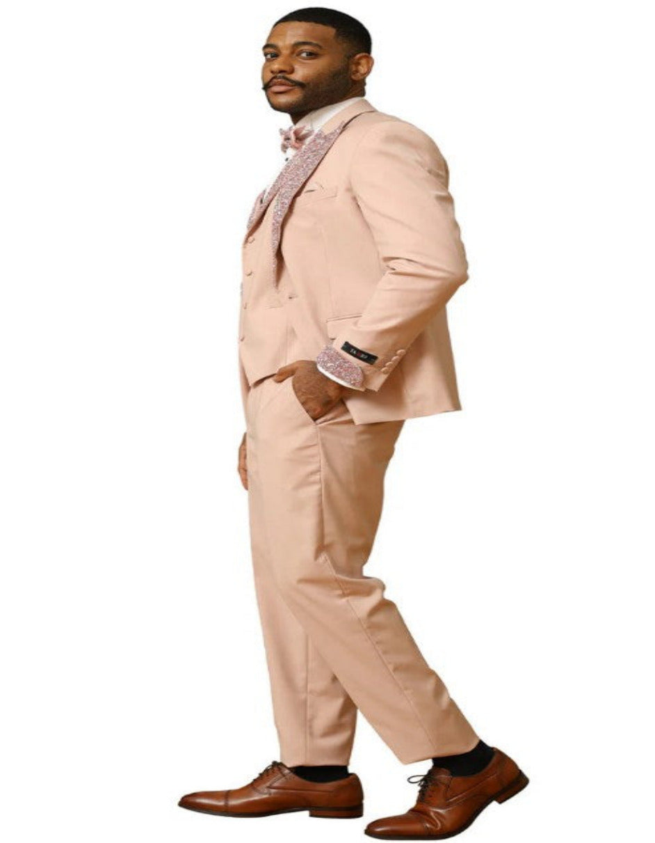 Peach Coral Salmon Prom Tuxedo with Rhinestone sequin Lapel