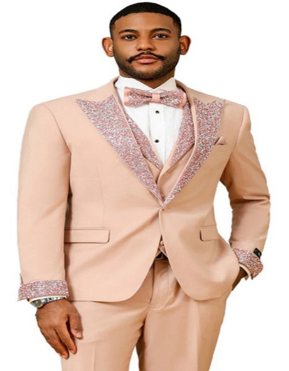 Peach Coral Salmon Prom Tuxedo with Rhinestone sequin Lapel
