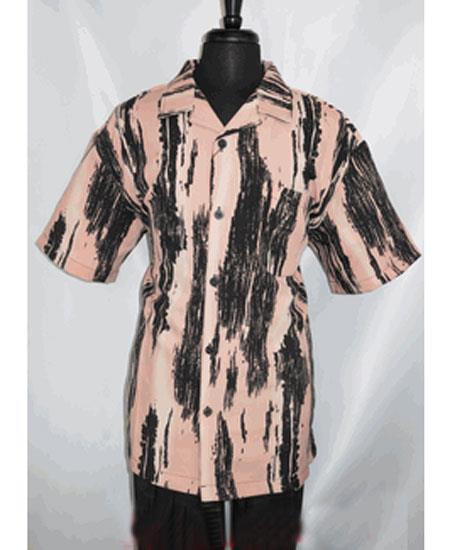 Men's Peach Short Sleeve 5 Buttons Side Vents Point Collar Shirt Walking Leisure Suit