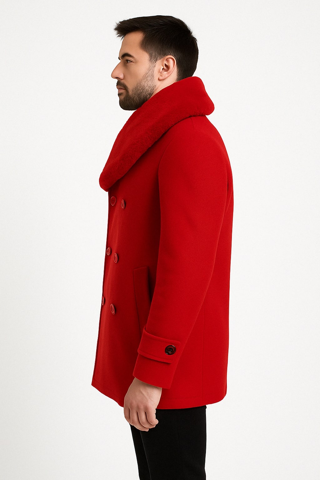 Red Wool Double-Breasted Mens Peacoat