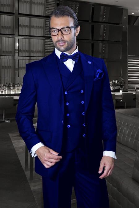 Peak Lapel Double Breasted 3 Piece Wool Suit
