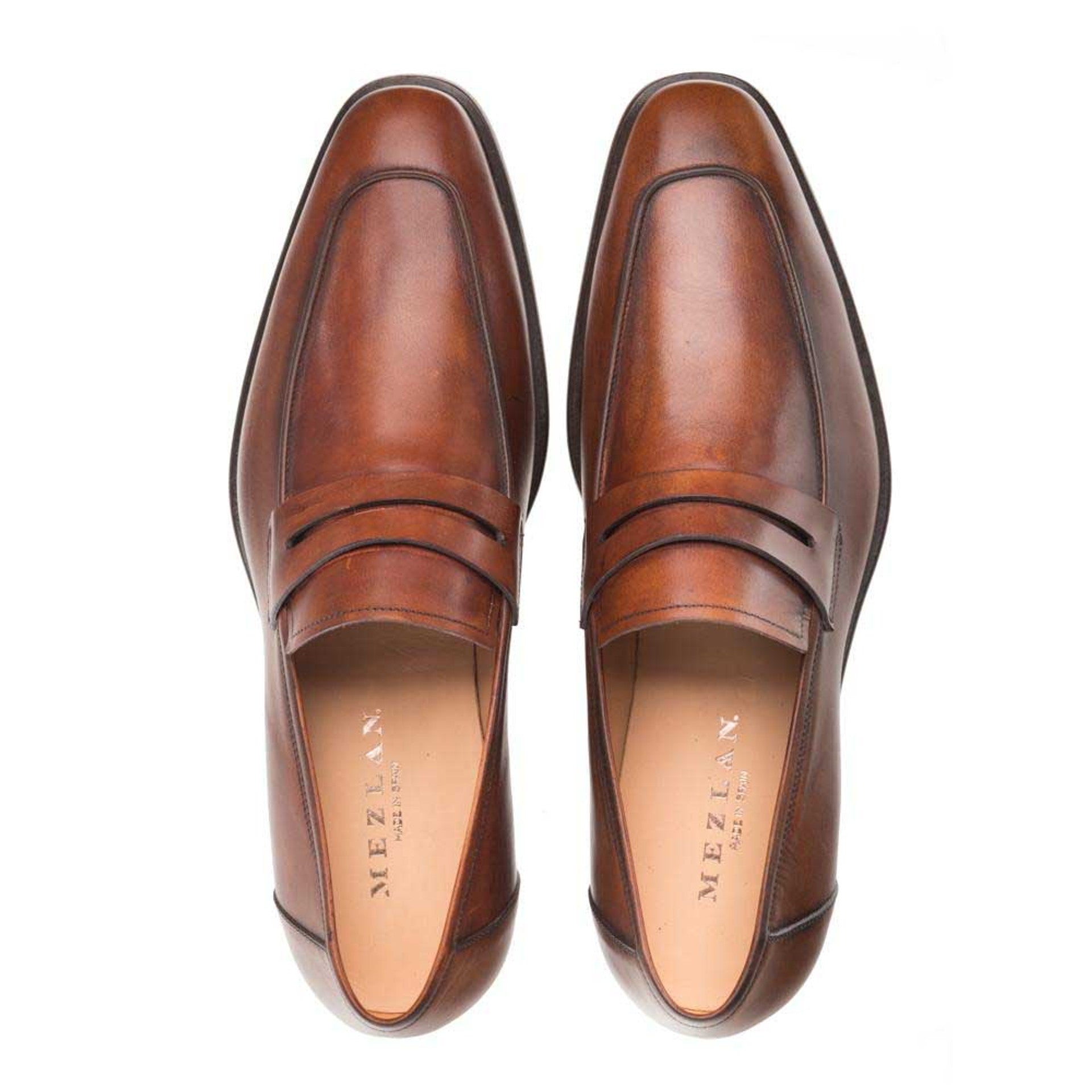 Mezlan Cognac Burnished Calfskin Penny Loafer Shoes