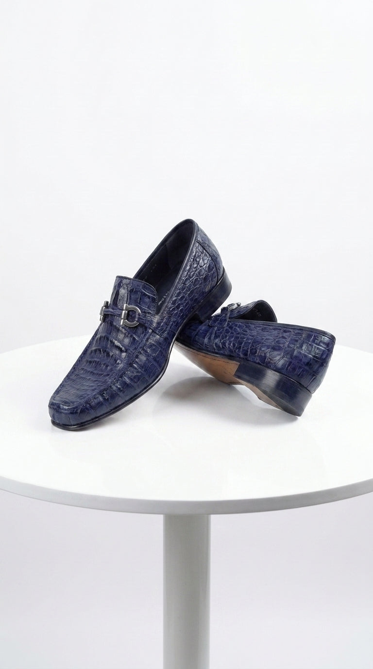 Men’s Navy Genuine Caiman Belly Loafers, Crocodile Texture Exotic Formal Dress Shoes