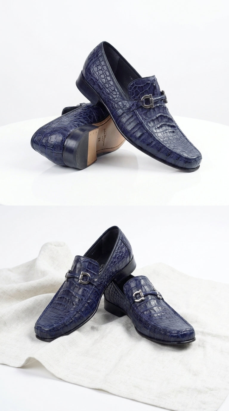 Men’s Navy Genuine Caiman Belly Loafers, Crocodile Texture Exotic Formal Dress Shoes