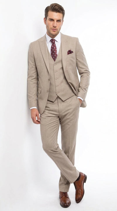 Men's Zegarie Designer Tan 3-Piece Wool Suit – Modern Fit Two-Button Vested Wedding & Business Suit