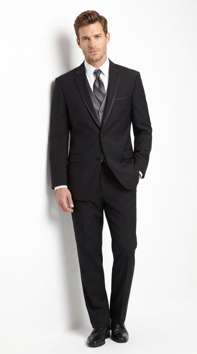 Men’s Black 3-Piece Wool Suit with Gray Vest – 2 Button Wedding, Prom & Formal Vested Suit