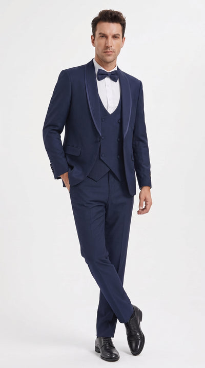 Men's Navy Blue 3-Piece Prom Tuxedo Suit – Satin Trim Shawl Lapel Wedding & Formal Dinner Suit