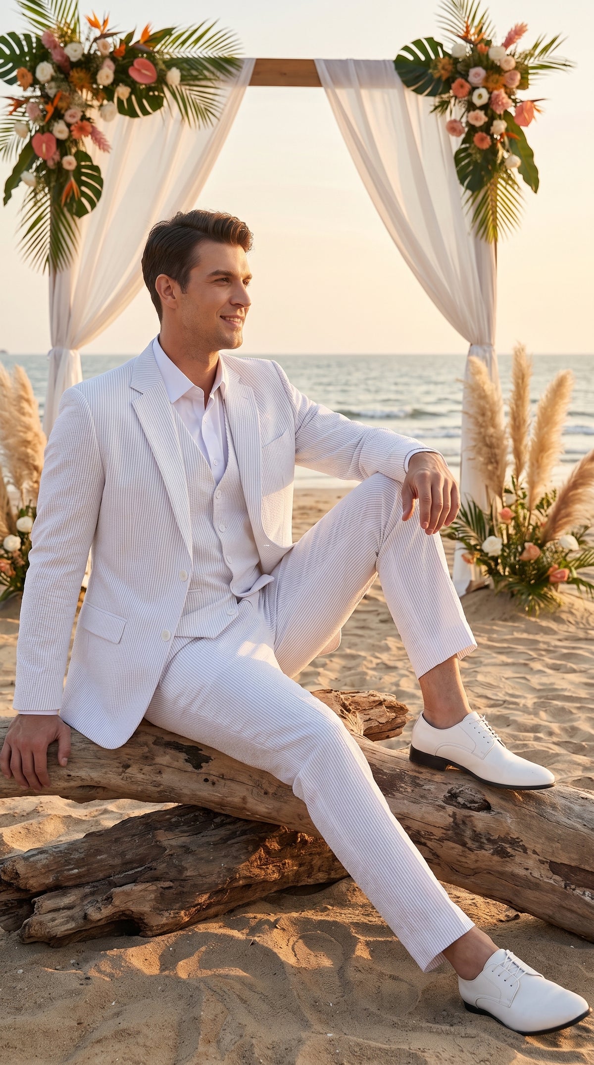 Men’s White Pinstripe Seersucker Summer Suit, Jacket and Pants Formal Wedding Beach Suit