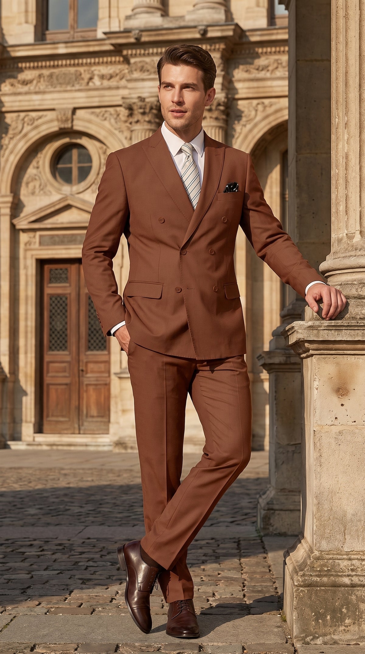 Men’s Copper Double-Breasted Wool Suit – Designer 6-Button Peak Lapel Formal Wedding Suit