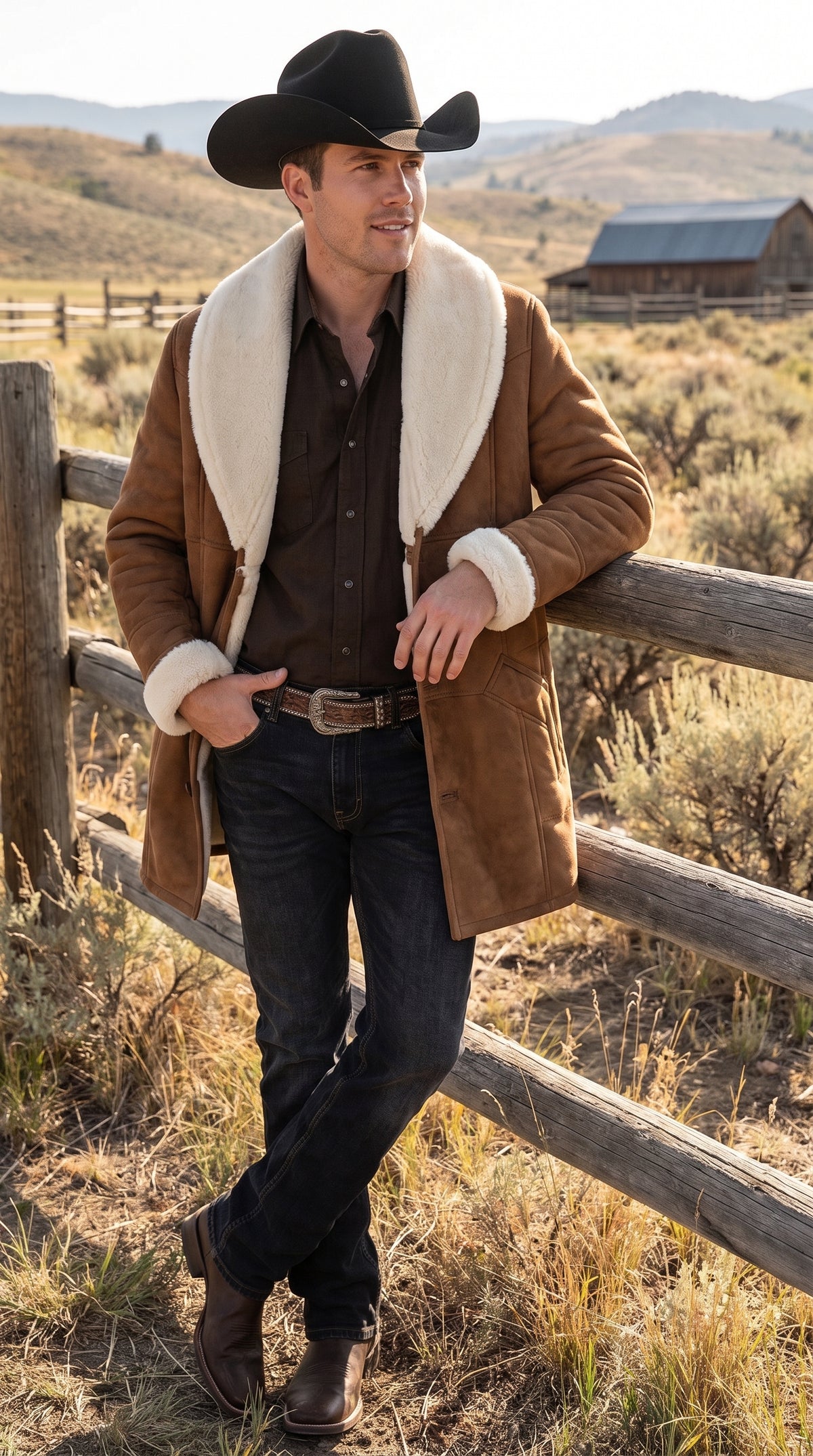 Men’s Long Brown Sheepskin Western Jacket, Cowboy Sherpa Style Ranch Coat