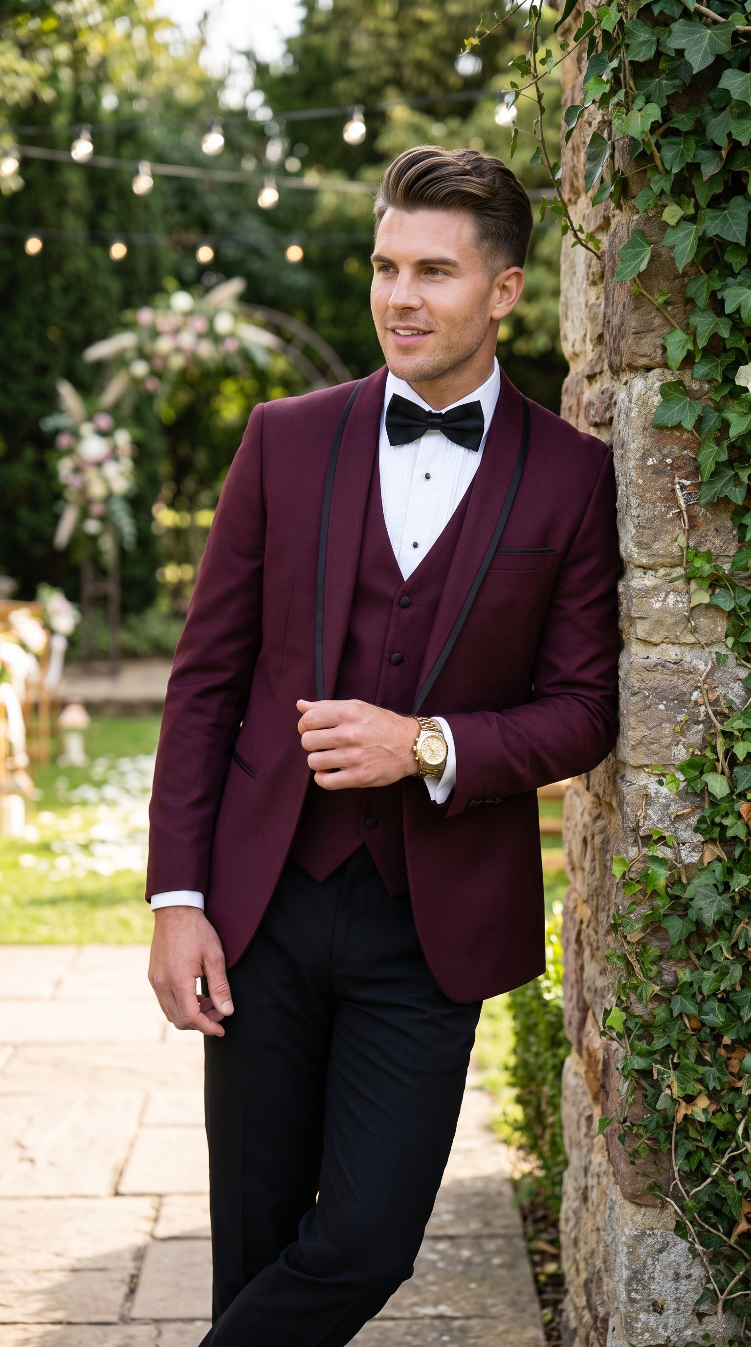 Men’s Burgundy and Black Wool Shawl Lapel Tuxedo Set – Formal Wedding Prom Dinner Suit