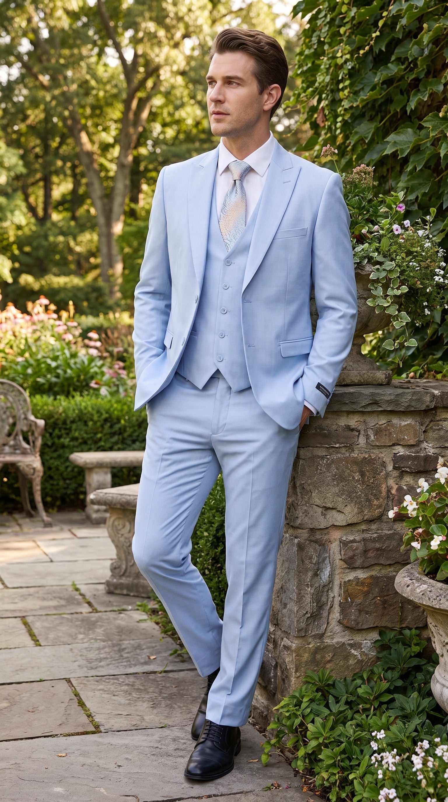 Vitali Men’s Sky Blue Solid Vested Suit, M1888 Formal Wedding Prom Dress Suit