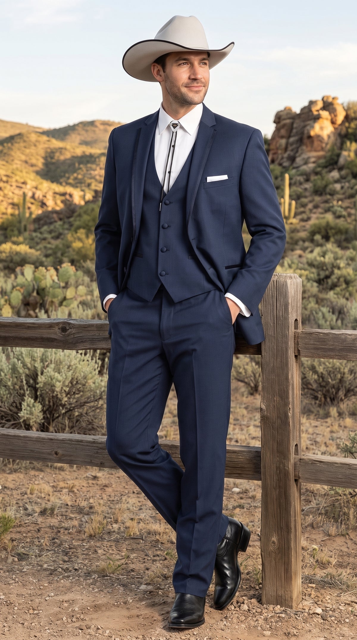 Men’s Navy Cowboy Tuxedo with Satin Lapel, Western Formal Wedding Suit with Vest
