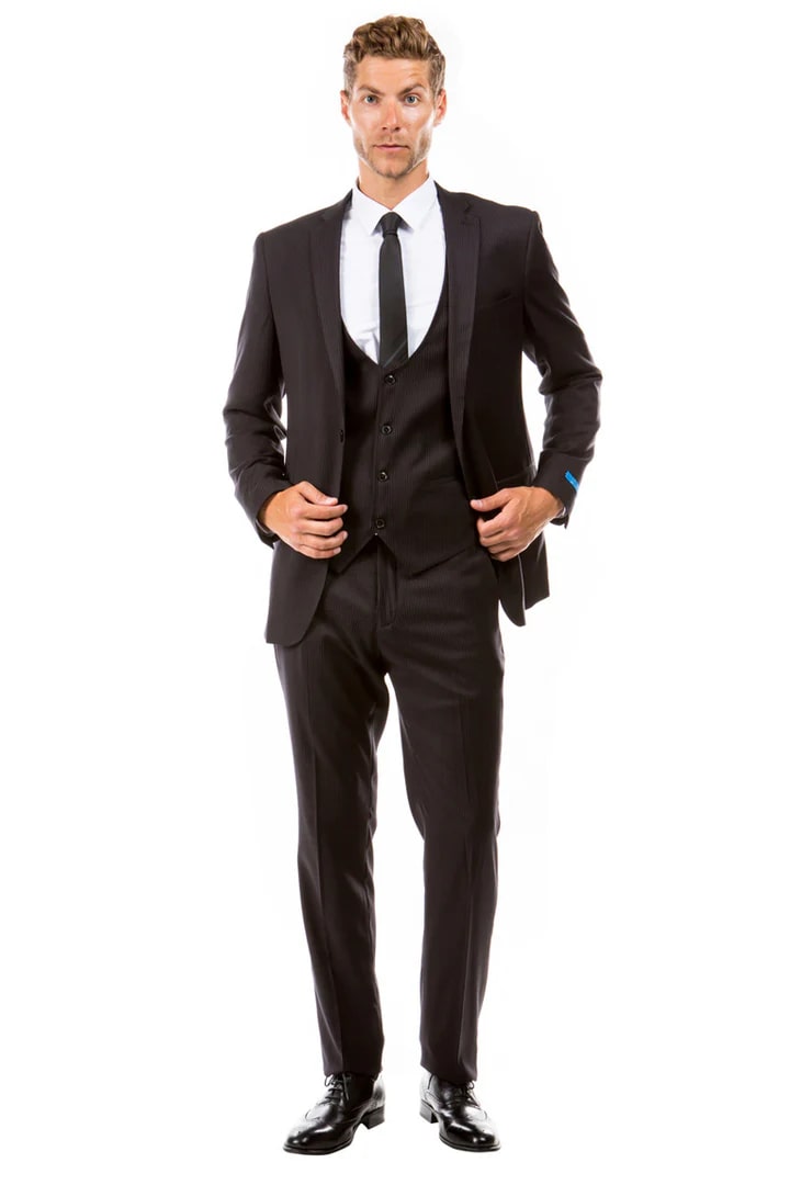 Hybrid Fit Vested Pinstripe Business Suit Black