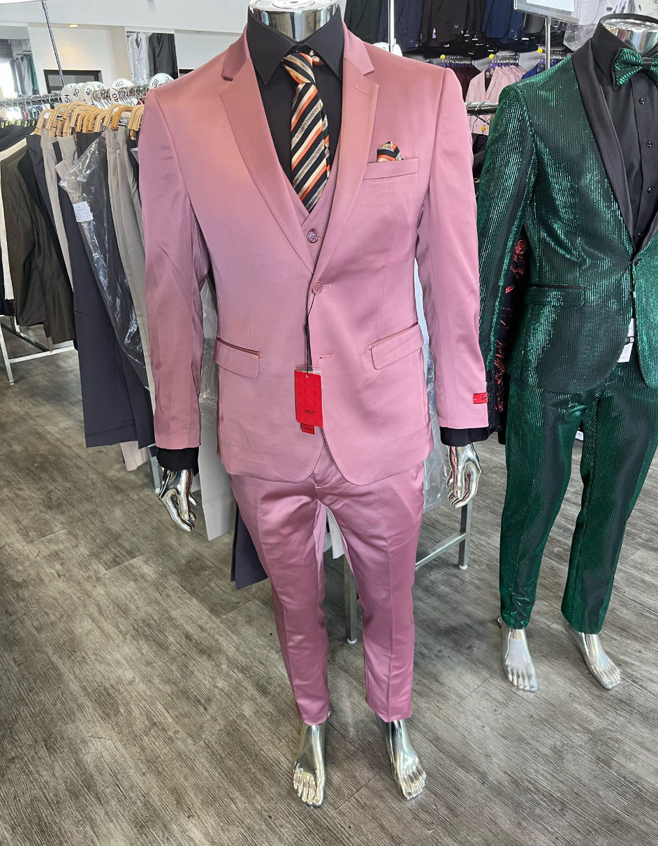 Pink 3-Piece Slim Fit Suit with Vest