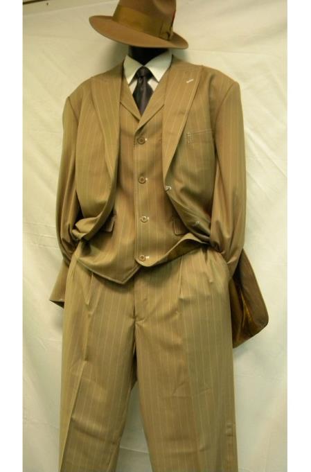 Men's 3 Piece Bold ~ Chalk ~ Gangster Pinstripe ~ Stripe Tan/White Zoot Cheap Priced Business Suits Clearance Sale