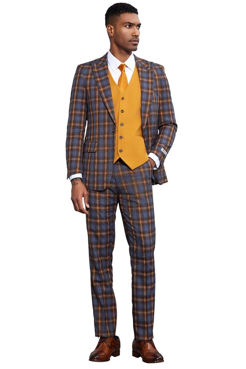 Stacy Adams Plaid Vested Suit in Grey & Gold
