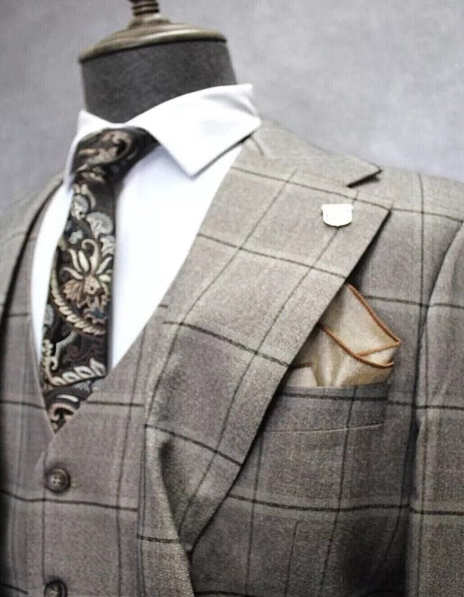 Plaid Two Button Notch Lapel Suit Tan Brown