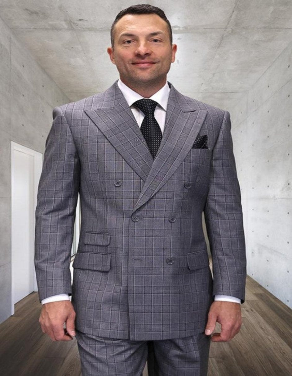Grey Plaid Double Breasted Wool Suit for Men
