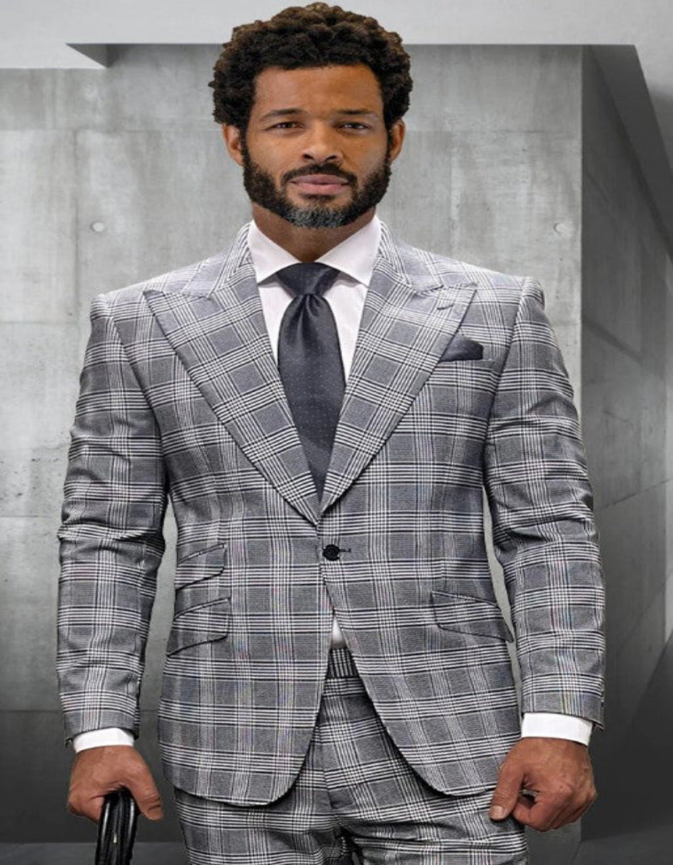 Grey Wool 3 Piece Plaid Suit - Modern Fit