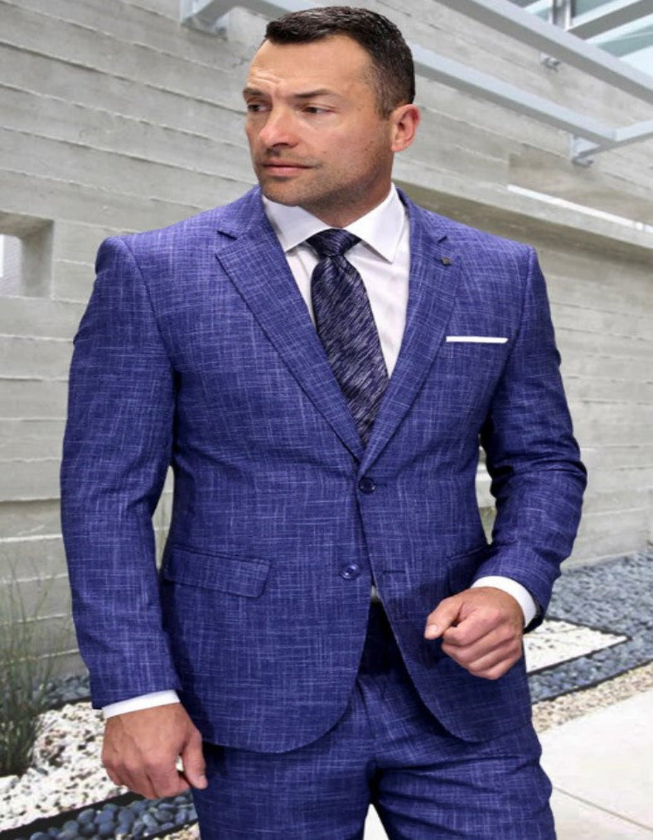 Italian Wool 3 Piece Plaid Suit in Sapphire