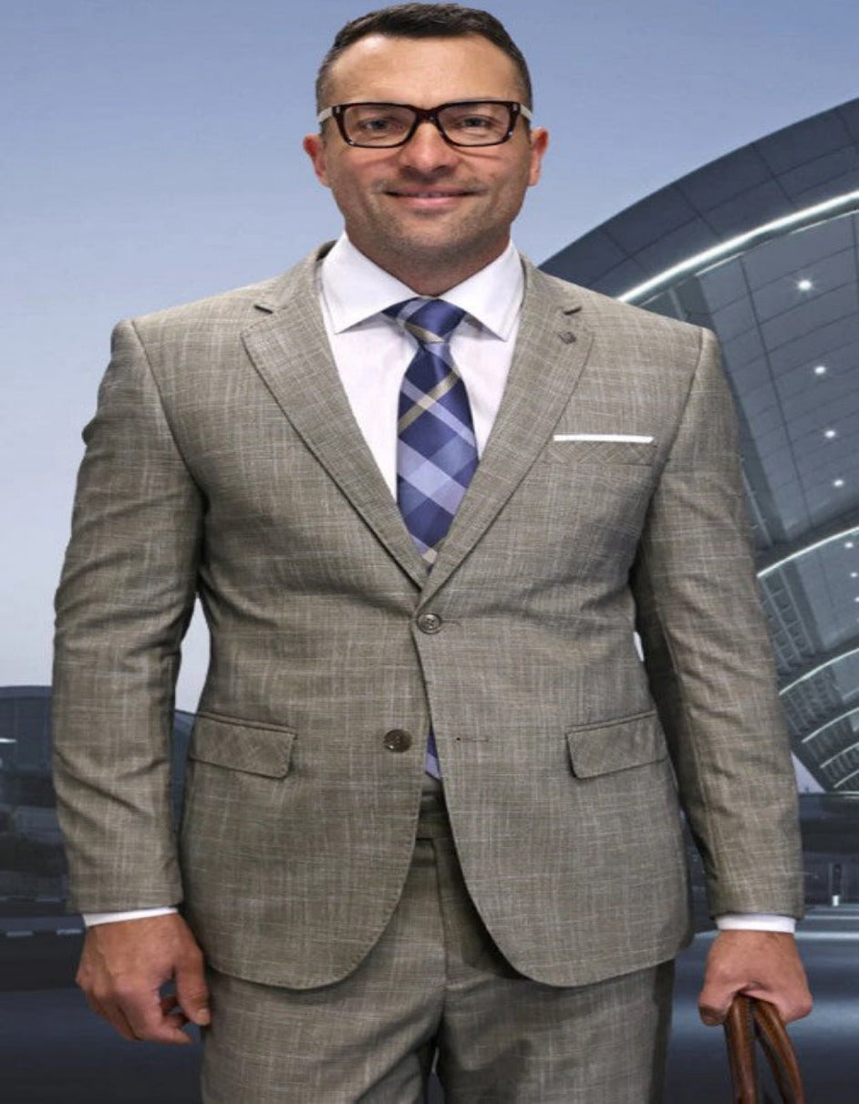 Tan Plaid 3 Piece Wool Suit - Modern Italian Cut