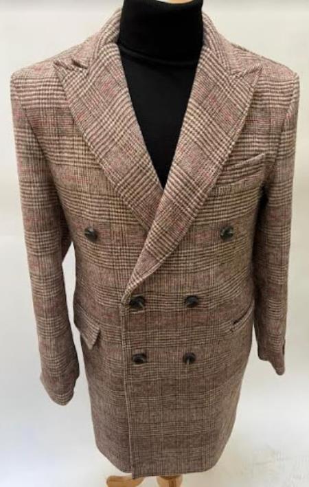Men's Rust Brown Plaid Overcoat Peacoat