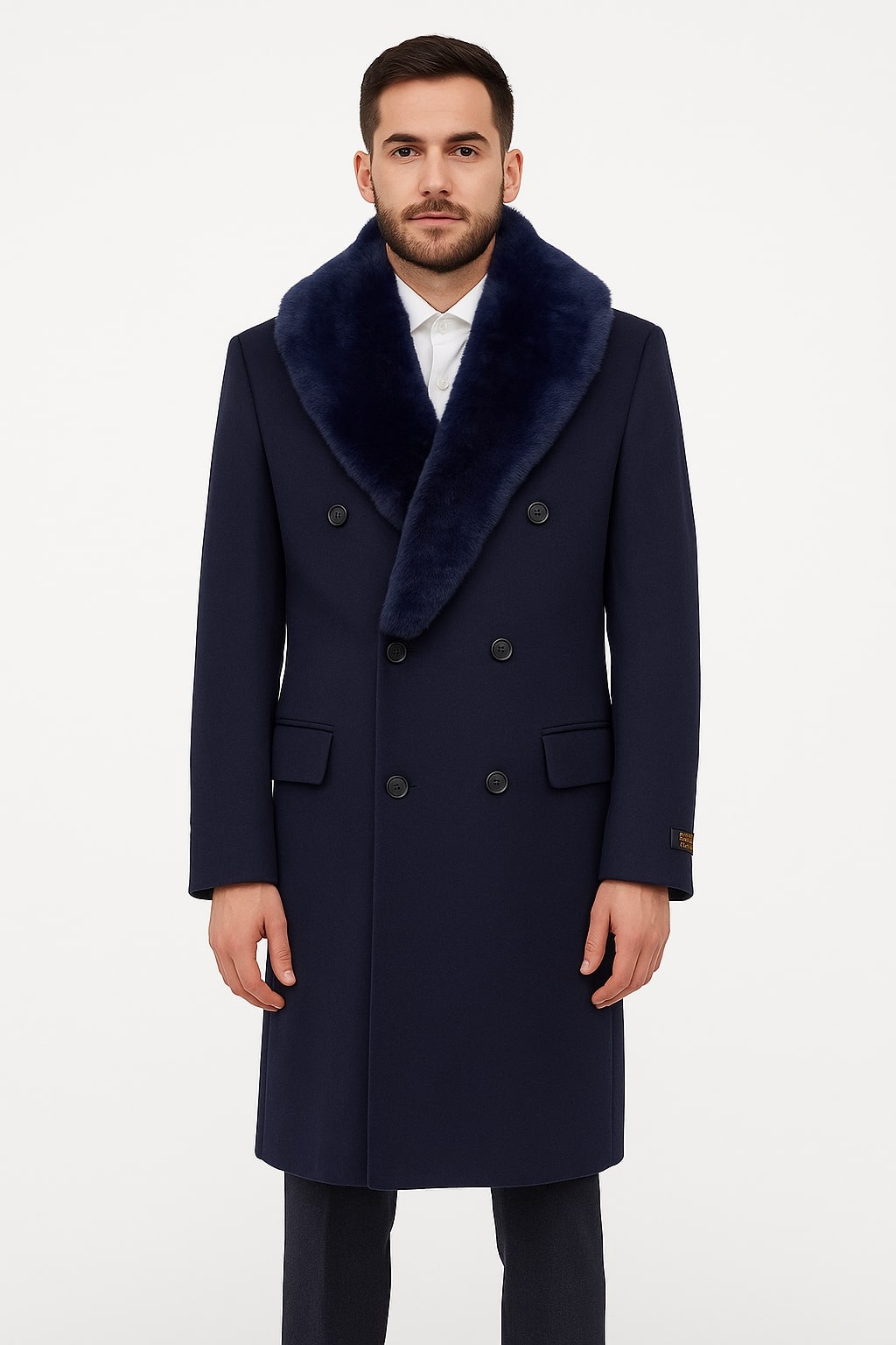 Double-Breasted Navy Overcoat with Plush Blue Fur