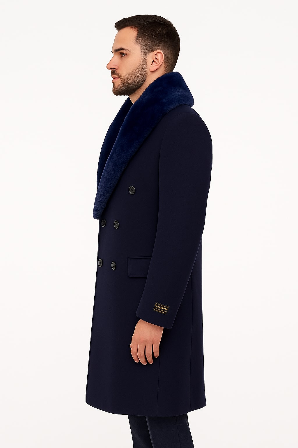 Double-Breasted Navy Overcoat with Plush Blue Fur