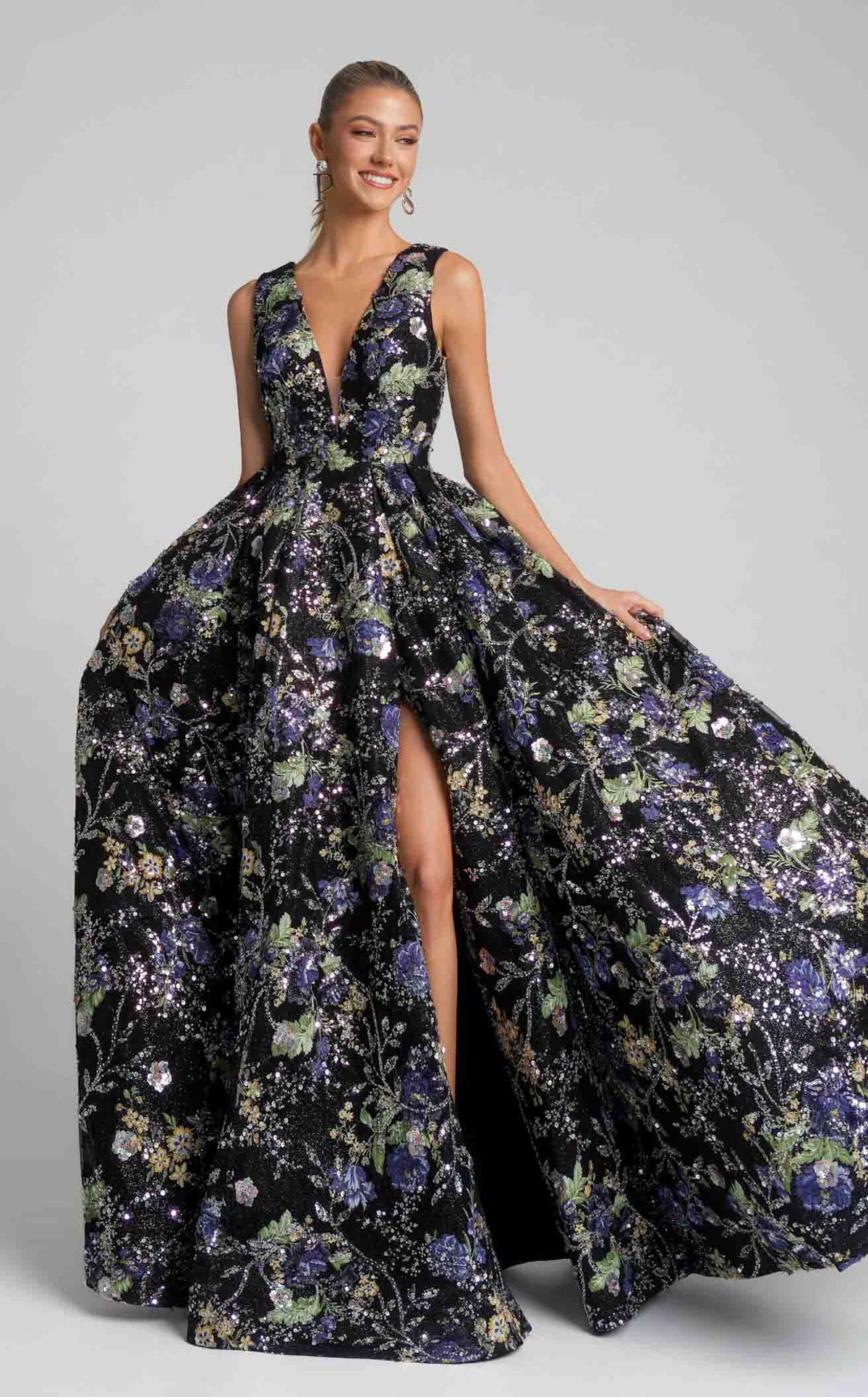 Floral A-Line Gown with Deep V-Neck & High Slit Sleeveless Dress by Portia & Scarlett PS26091