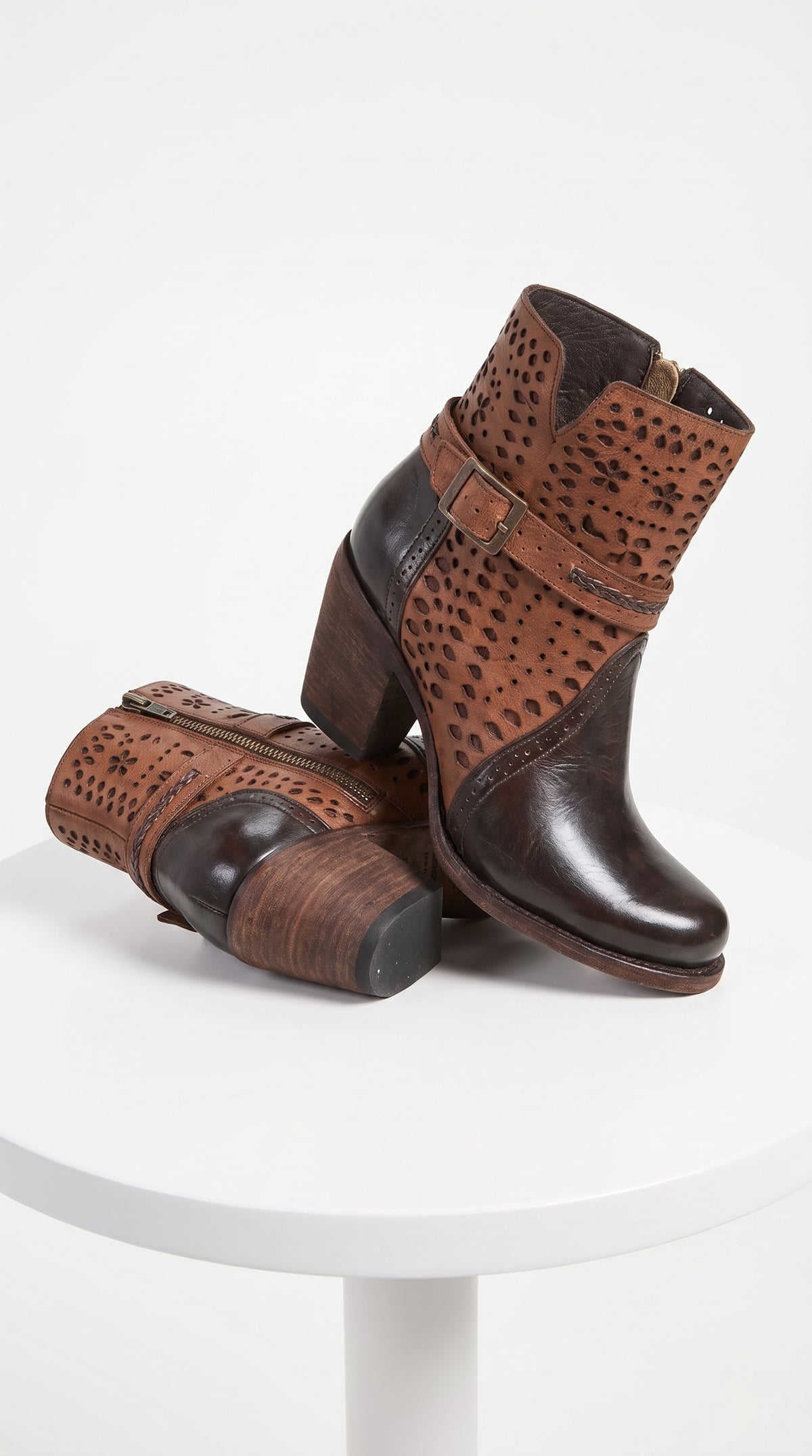 Women’s Quincy Brown Leather Ankle Boots, Oval Toe Short Fashion Boots with Buckle Detail