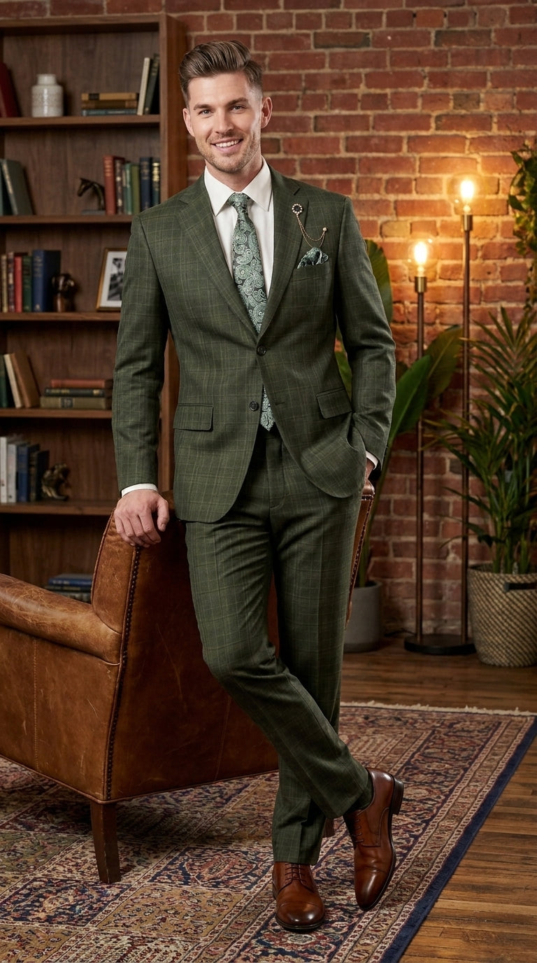 Men’s Olive Green Glen Plaid 3 Piece Suit, Regular Fit Formal Wedding Business Dress Suit