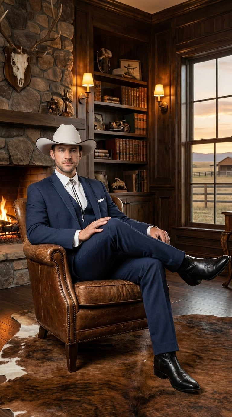 Men’s Navy Cowboy Tuxedo with Satin Lapel, Western Formal Wedding Suit with Vest