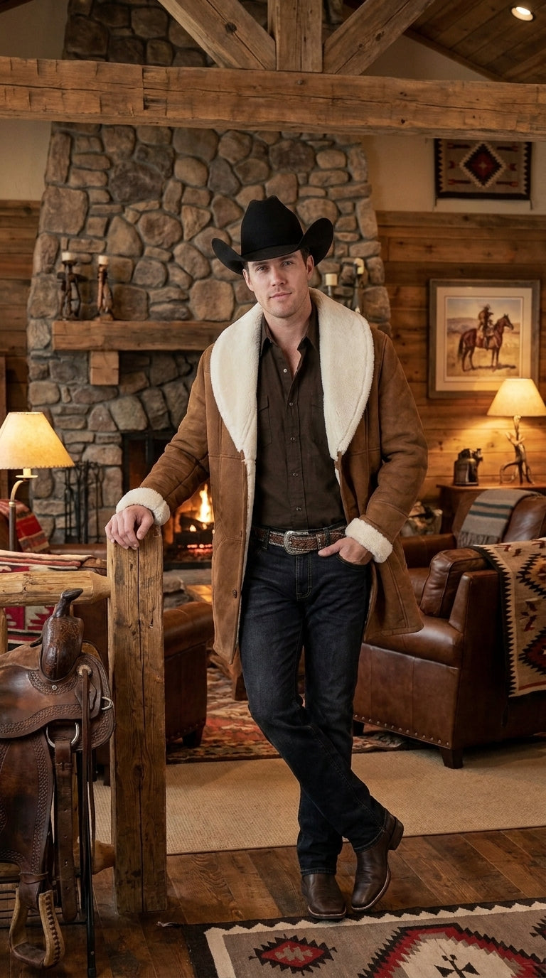 Men’s Long Brown Sheepskin Western Jacket, Cowboy Sherpa Style Ranch Coat