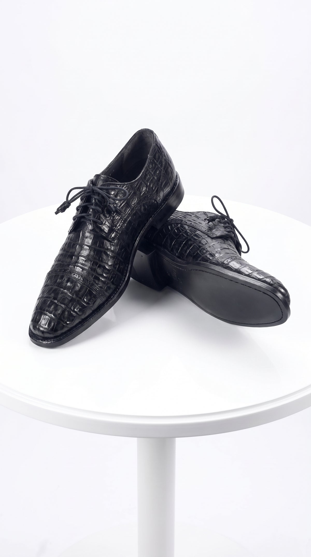 Los Altos Men’s Black Caiman Crocodile Oxford Shoes, Exotic Lace-Up Formal Dress Shoes