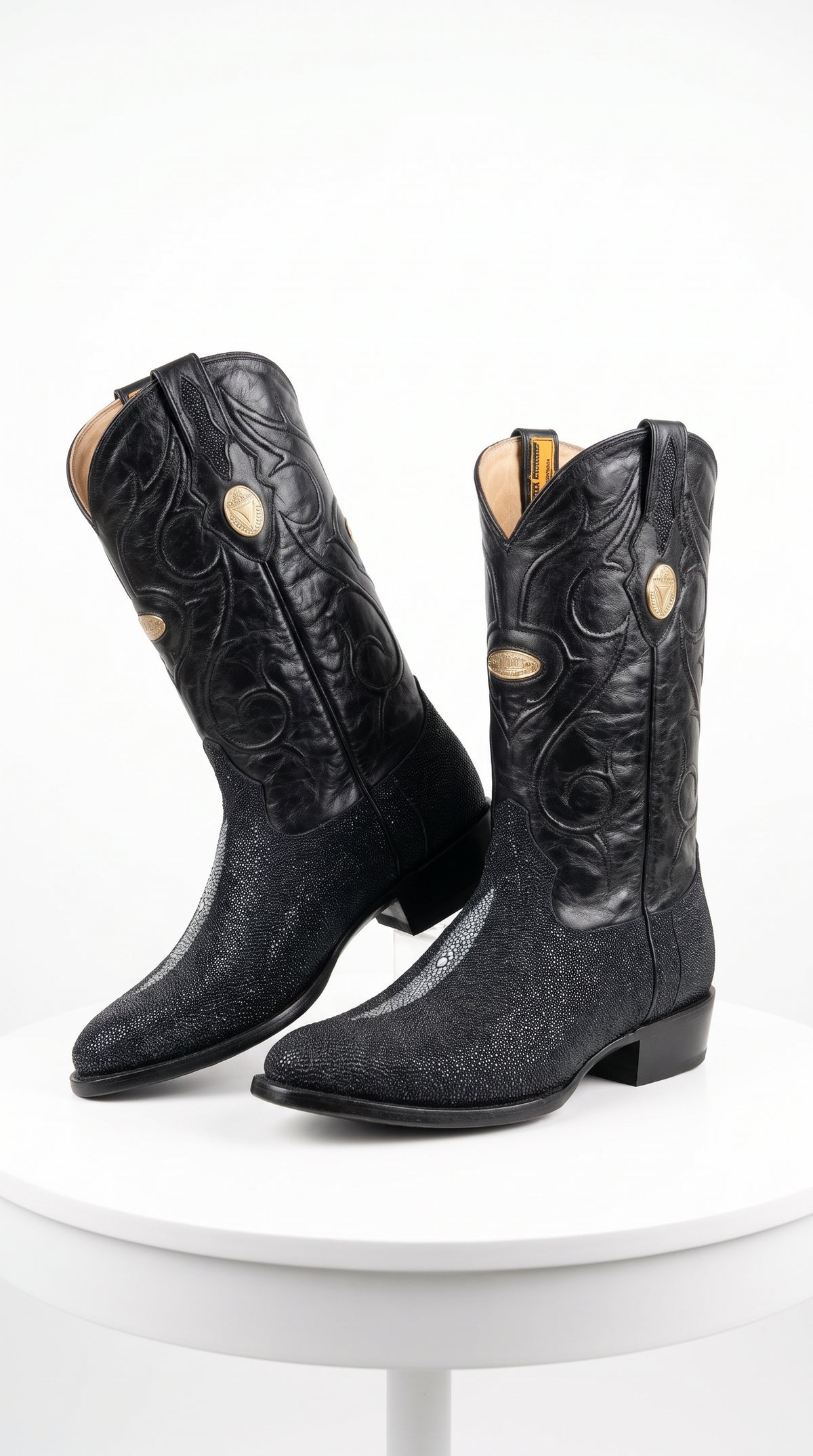 Men’s Black Genuine Stingray Mantarraya Cowboy Boots, Handmade J Toe Exotic Western Dress Boots