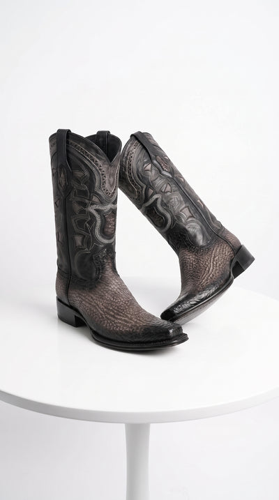 Men’s Grey Shark Skin European Toe Cowboy Boots, Exotic Western Dress Boots