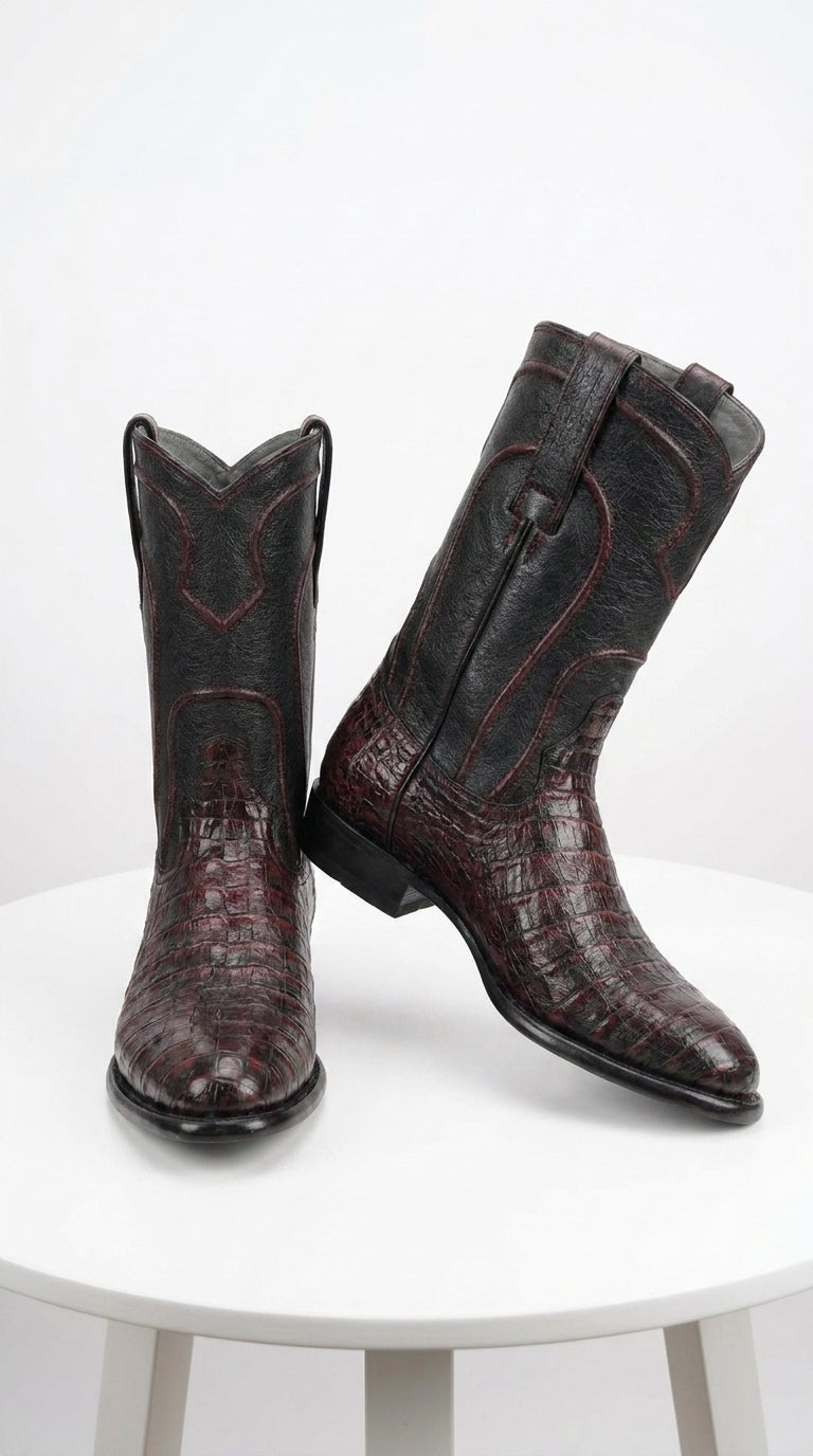 Los Altos Men’s Black Cherry Caiman Belly Roper Toe Boots, Exotic Western Cowboy Dress Boots