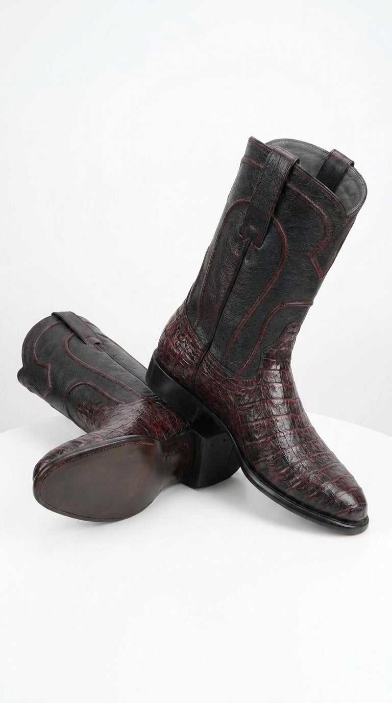 Los Altos Men’s Black Cherry Caiman Belly Roper Toe Boots, Exotic Western Cowboy Dress Boots