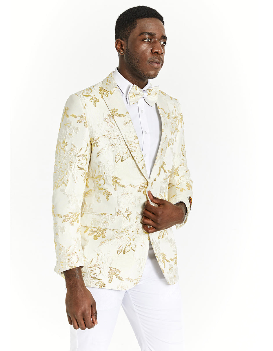 Skinny Fit Ivory & Gold Floral Prom Tuxedo Blazer