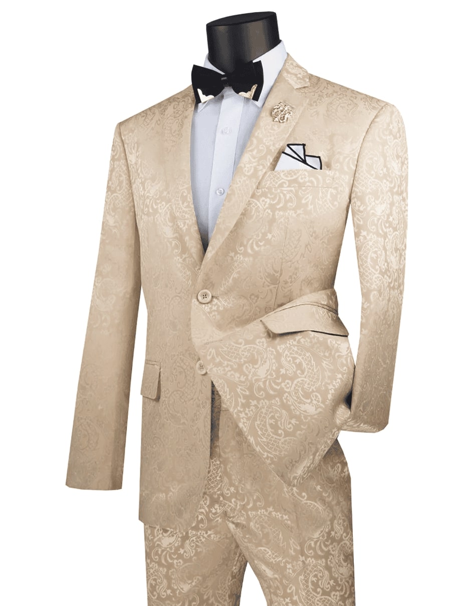 Slim Fit Paisley Prom Suit, Two Button, Beige