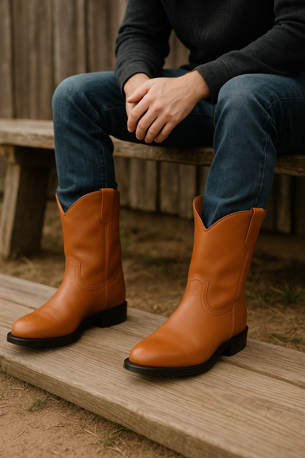 Mens Pull On Roper Boots With Leather Sole Honey Deerskin Boots - Deer Boots - Deer Skin Boots