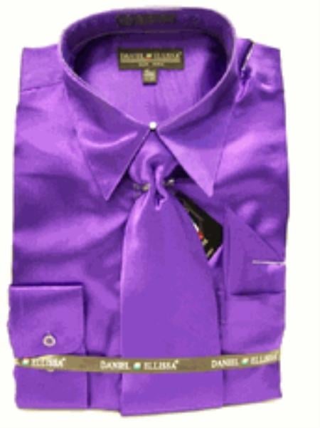Fashion Cheap Priced Sale Men's New Purple Satin Dress Shirt Combinations Set Tie Combo Shirts Men's Dress Shirt