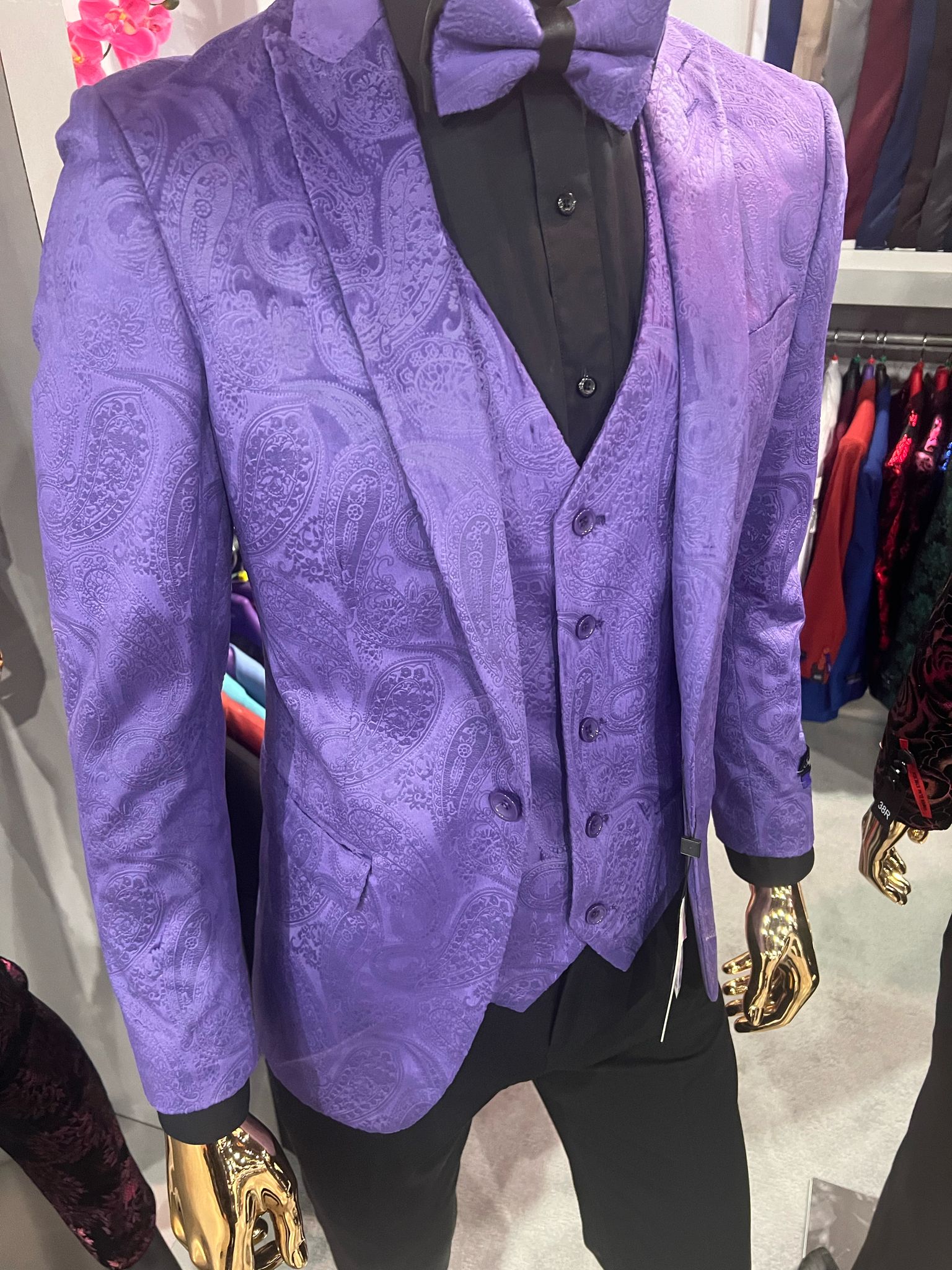 Purple Paisley 3-Piece Tuxedo with Vest & Bow Tie