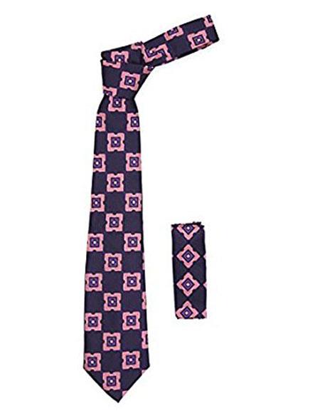 Men's Geometric Purple with Styish Pink Square Necktie Includes Hanky Set - Men's Neck Ties - Mens Dress Tie - Trendy Mens Ties