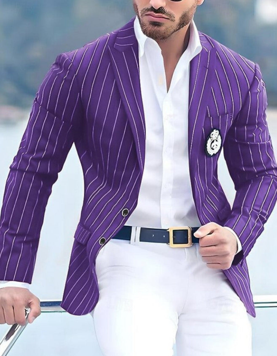 Purple Peak Lapel Party Blazer with White Pants