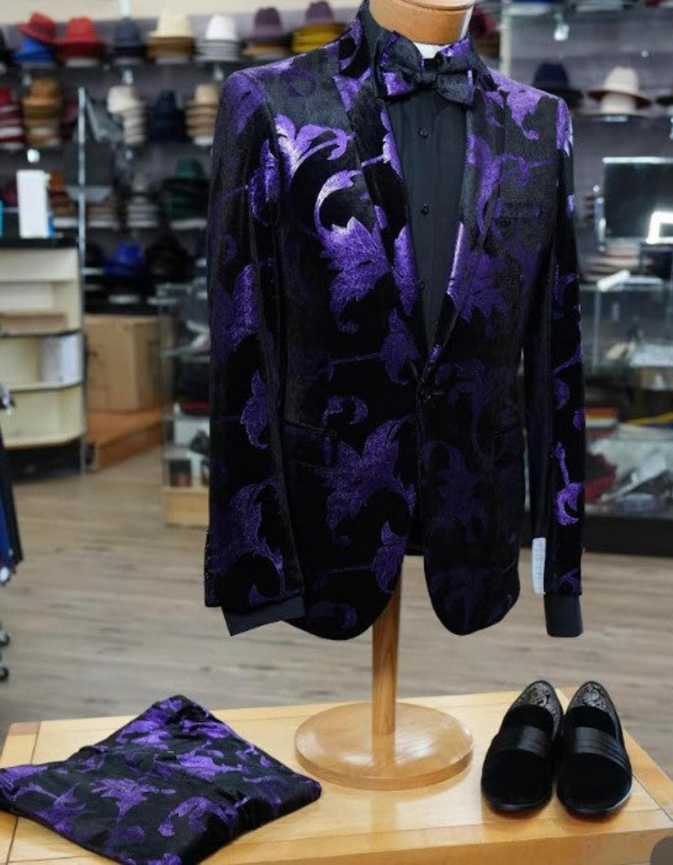 Purple & Black Paisley Slim Tuxedo Suit