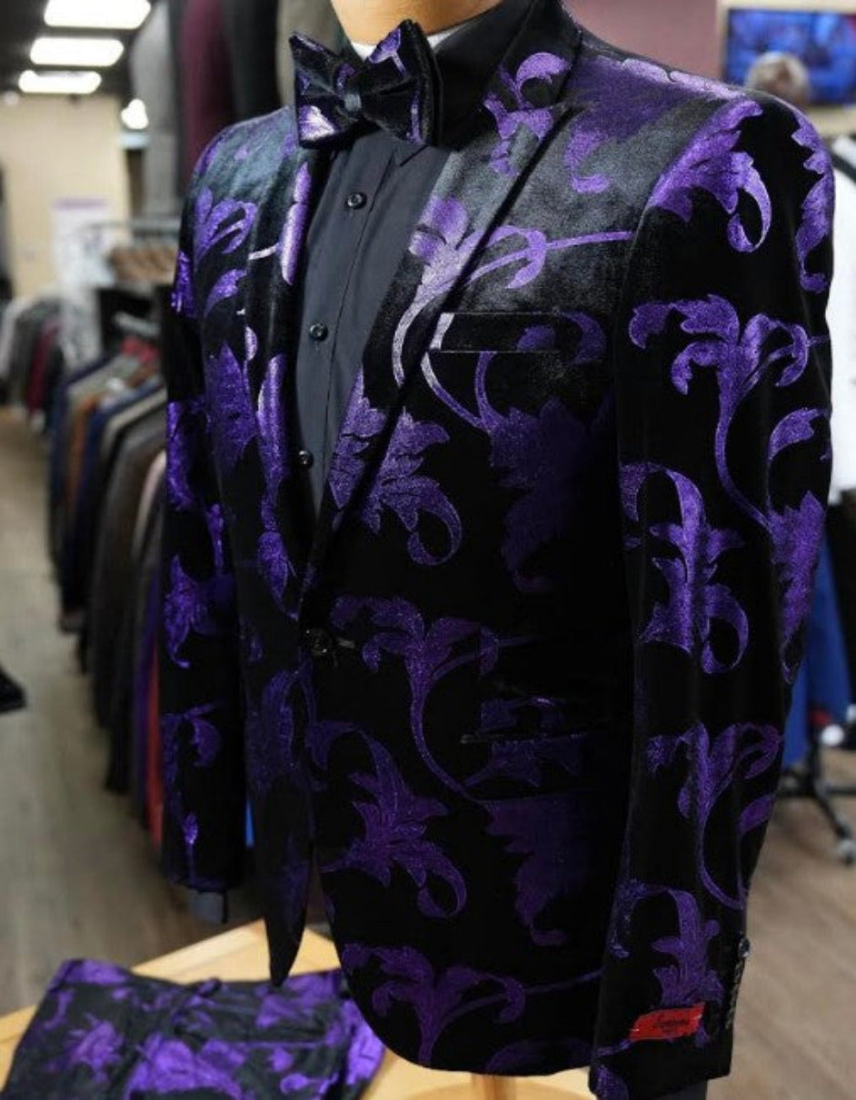 Purple & Black Paisley Slim Tuxedo Suit